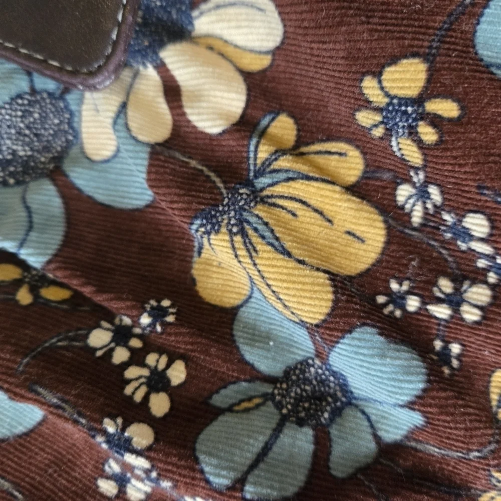 Brown Floral Handbag with Blue and Yellow Accents